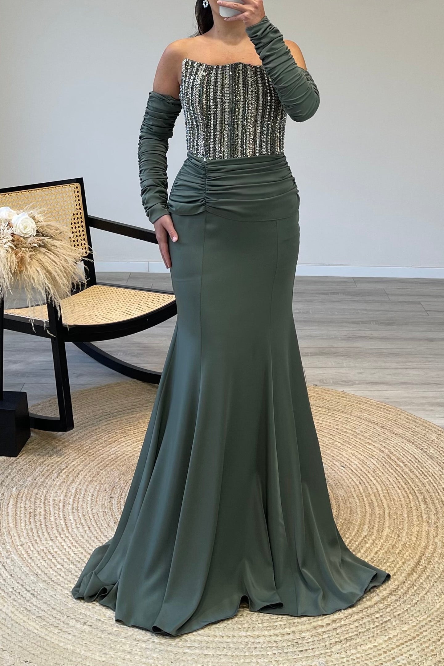 Crystal Bodice Mermaid Gown with Ruched Sleeves