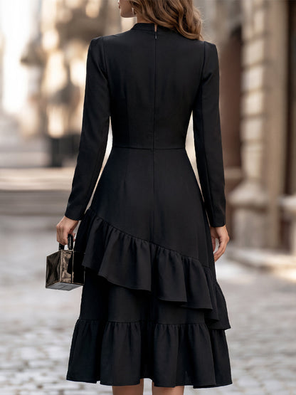 Buttoned Asymmetrical Ruffle Midi Dress