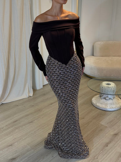 Off-the-Shoulder Corset Gown with Scalloped Sequin Skirt