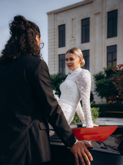 High Neck Long Sleeve Mermaid Lace Wedding Dress