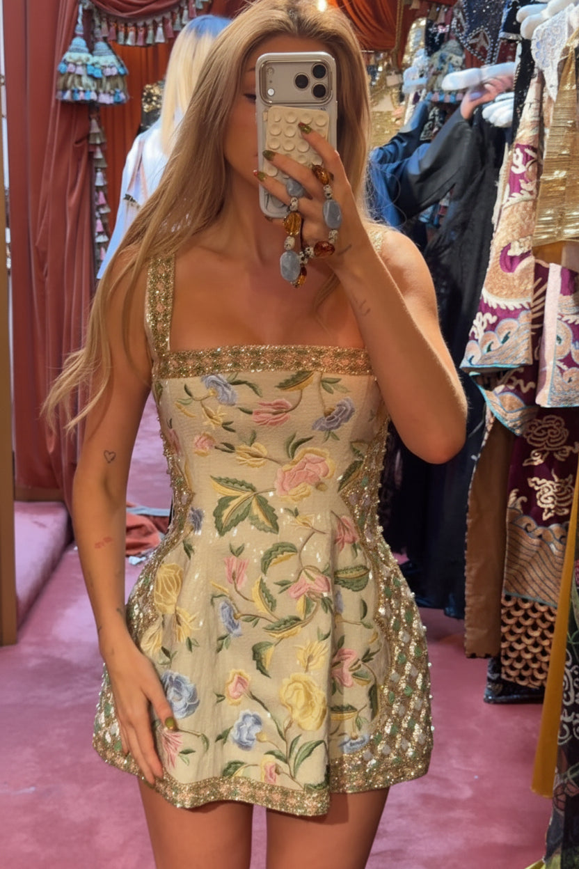 Floral Embroidered Beaded Trim Mini Dress