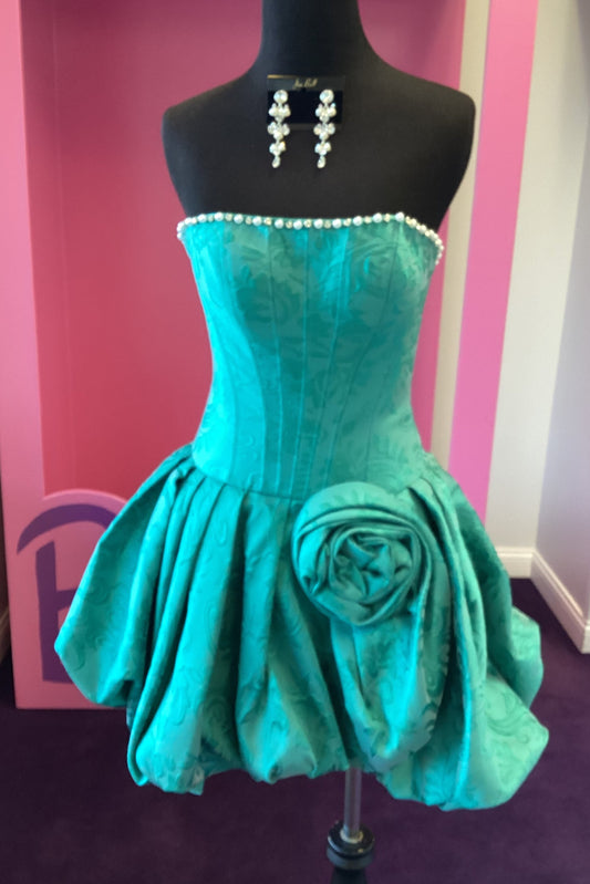 Strapless Jacquard Bubble Dress with 3D Flower