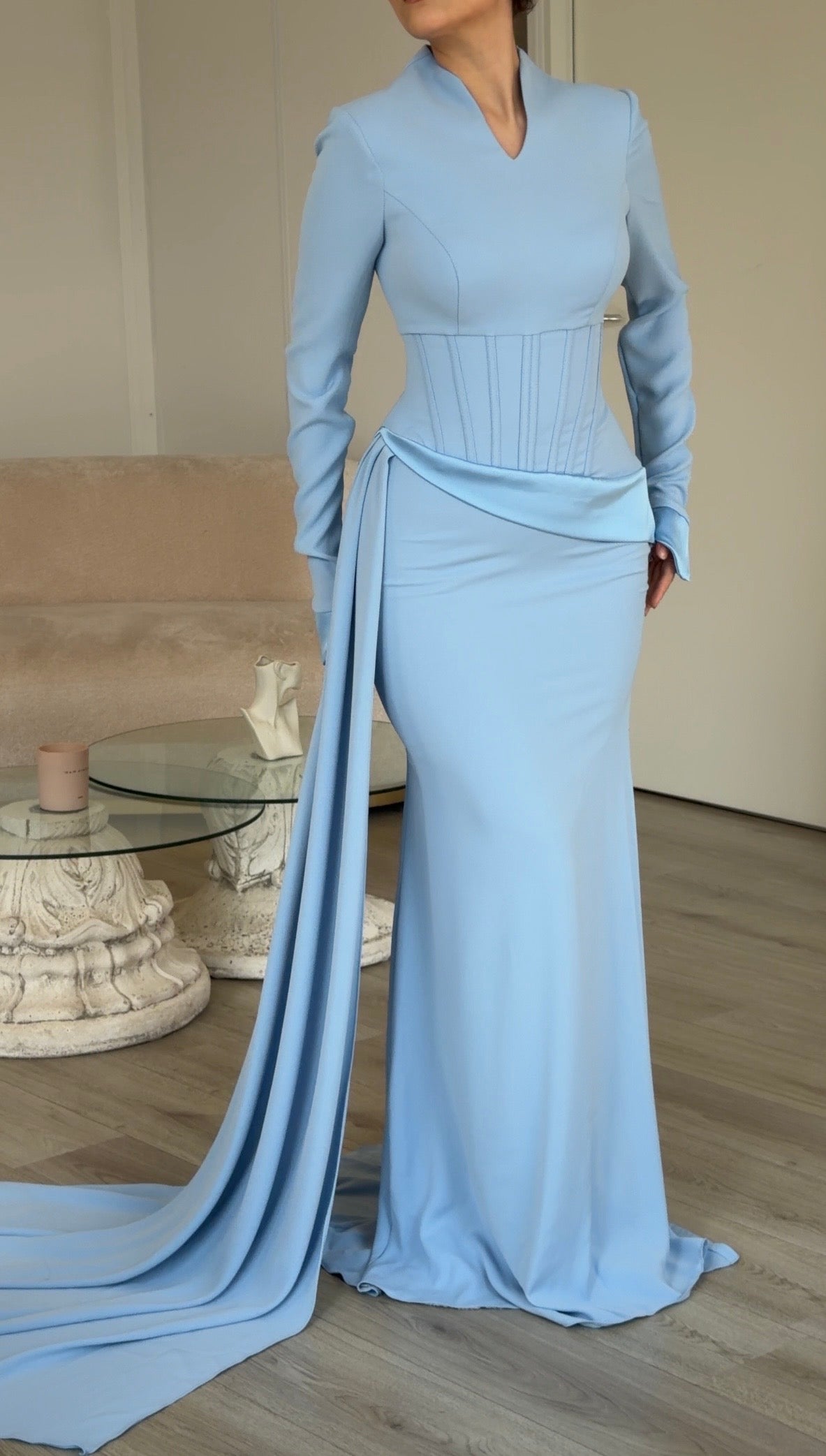Corset Waist Long Sleeve Gown with Side Drape