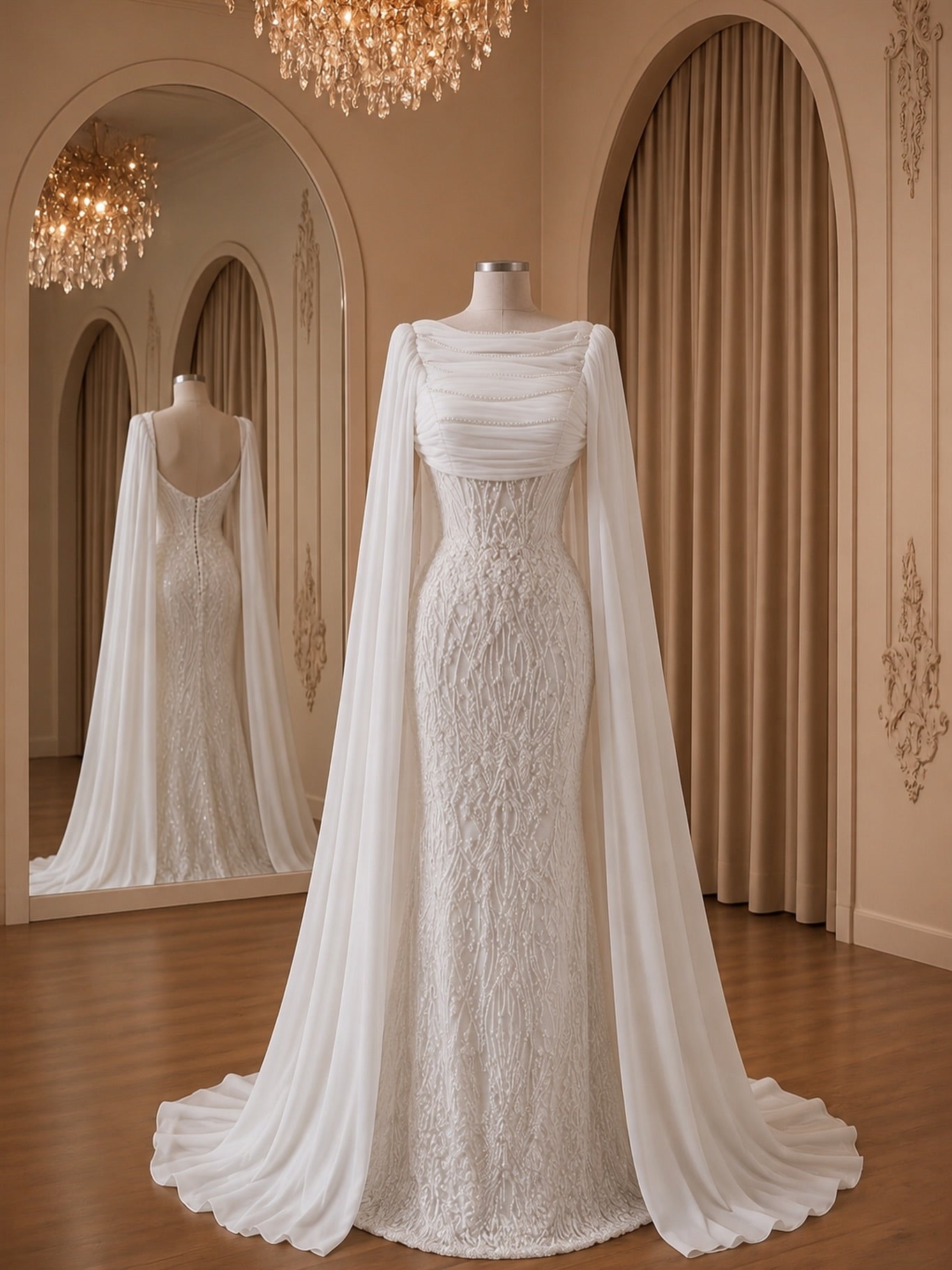 Beaded Cape Sleeve Mermaid Wedding Gown