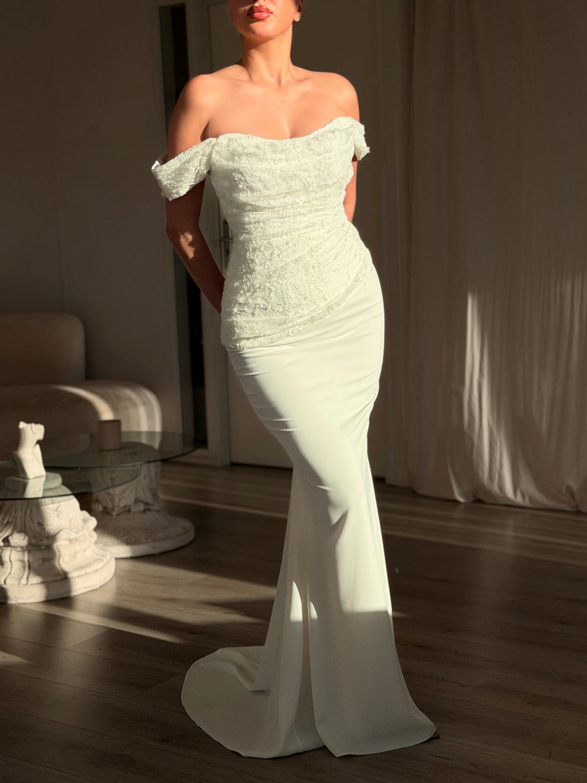 Off-Shoulder Ruched Lace Bodice Mermaid Gown