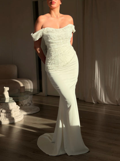 Off-Shoulder Ruched Lace Bodice Mermaid Gown