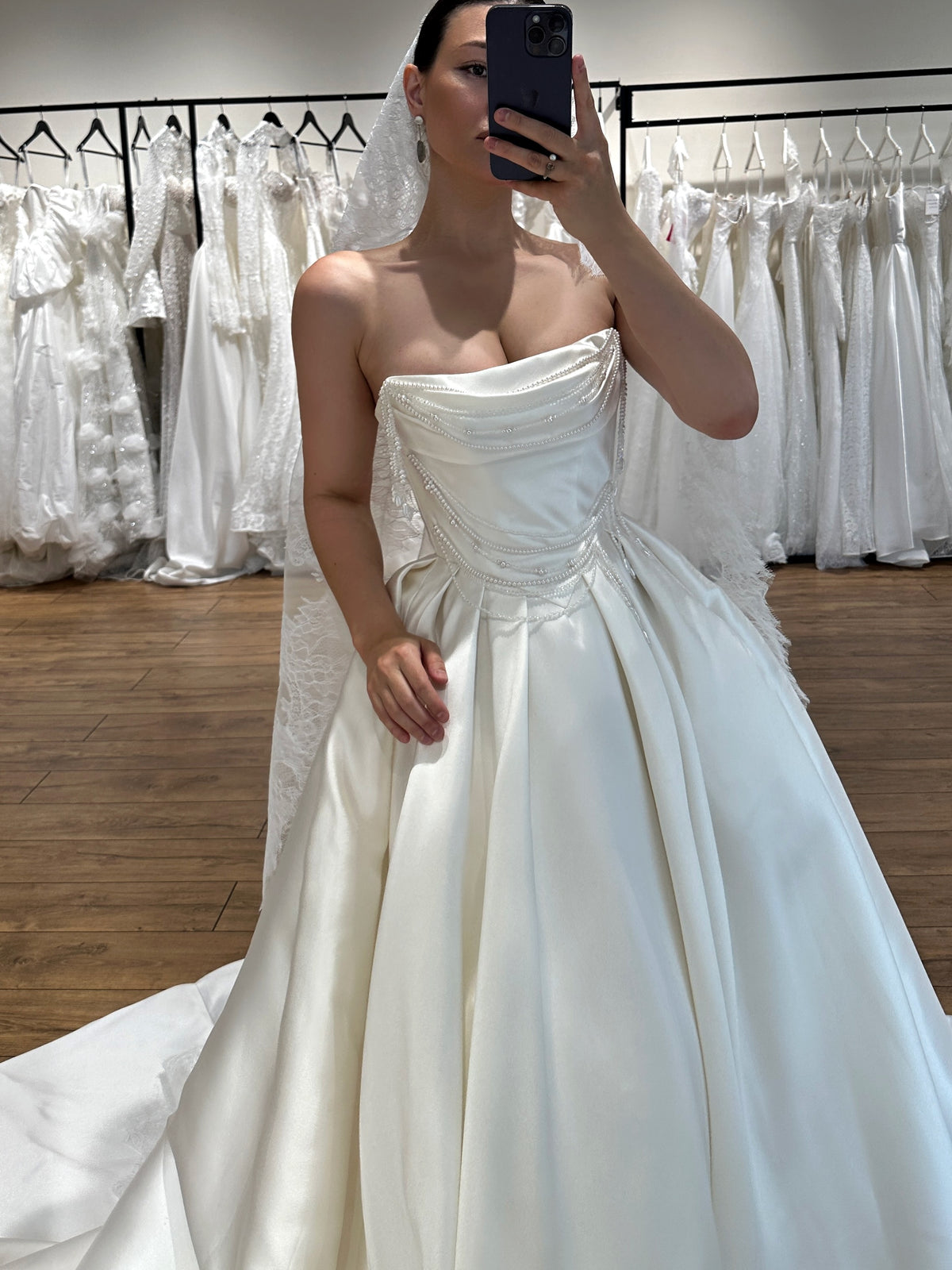 Strapless Pearl-Beaded Satin Ball Gown Wedding Dress