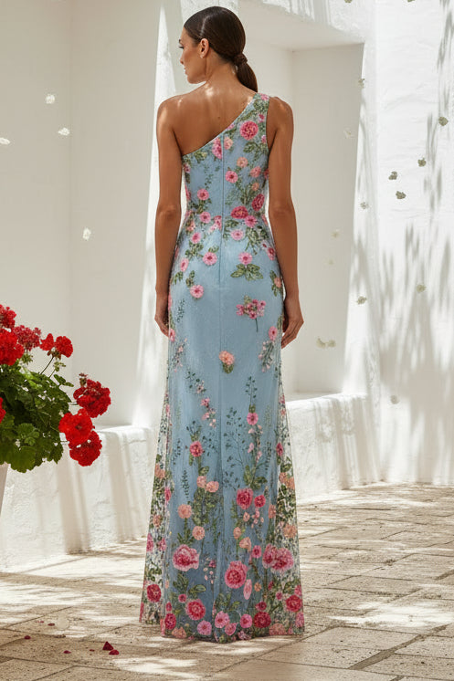 One-Shoulder Embroidered Floral Column Gown