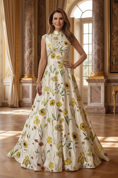 Floral Print A-Line Gown with High Neck & Cap Sleeves
