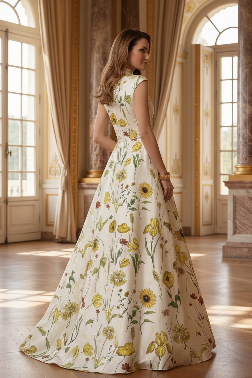 Floral Print A-Line Gown with High Neck & Cap Sleeves
