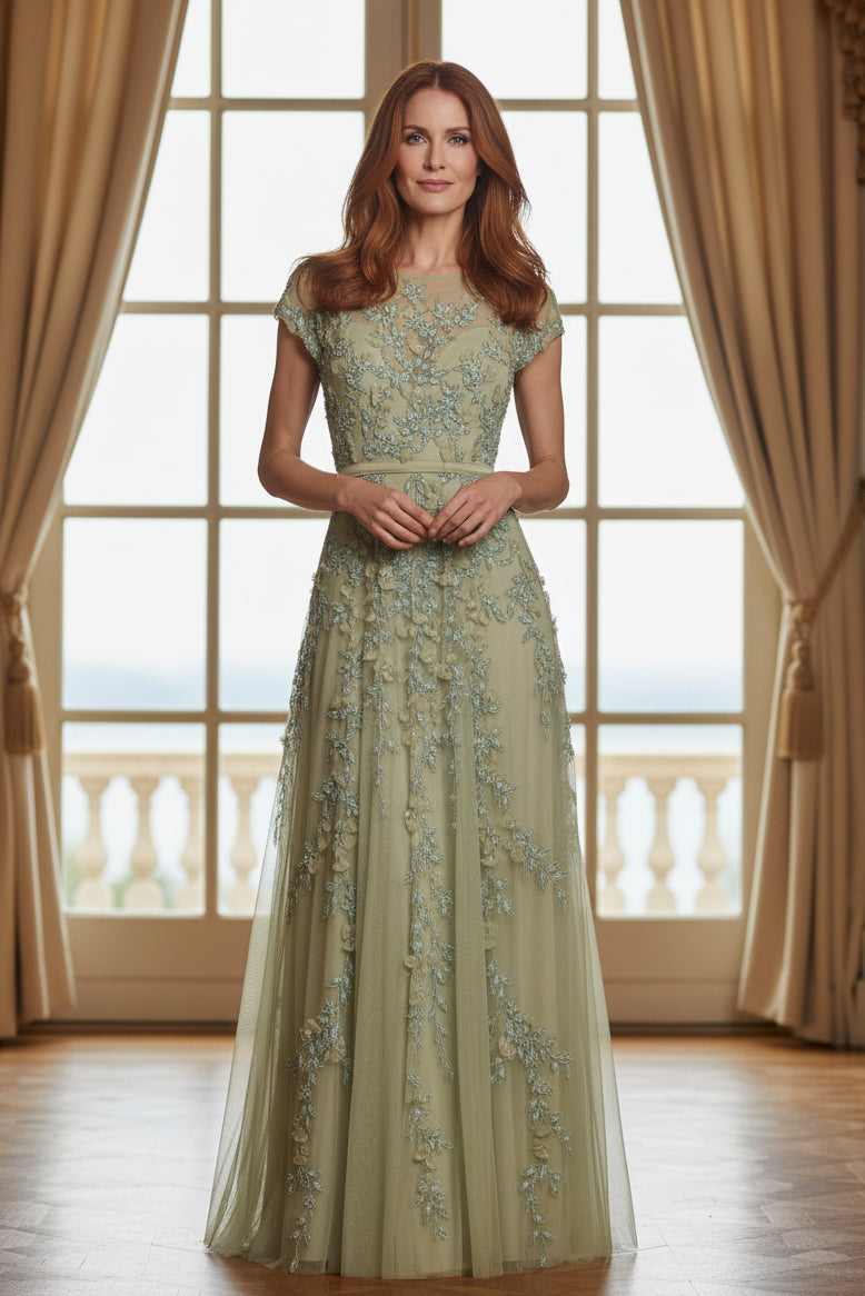 Embroidered Tulle A-Line Gown with Cap Sleeves