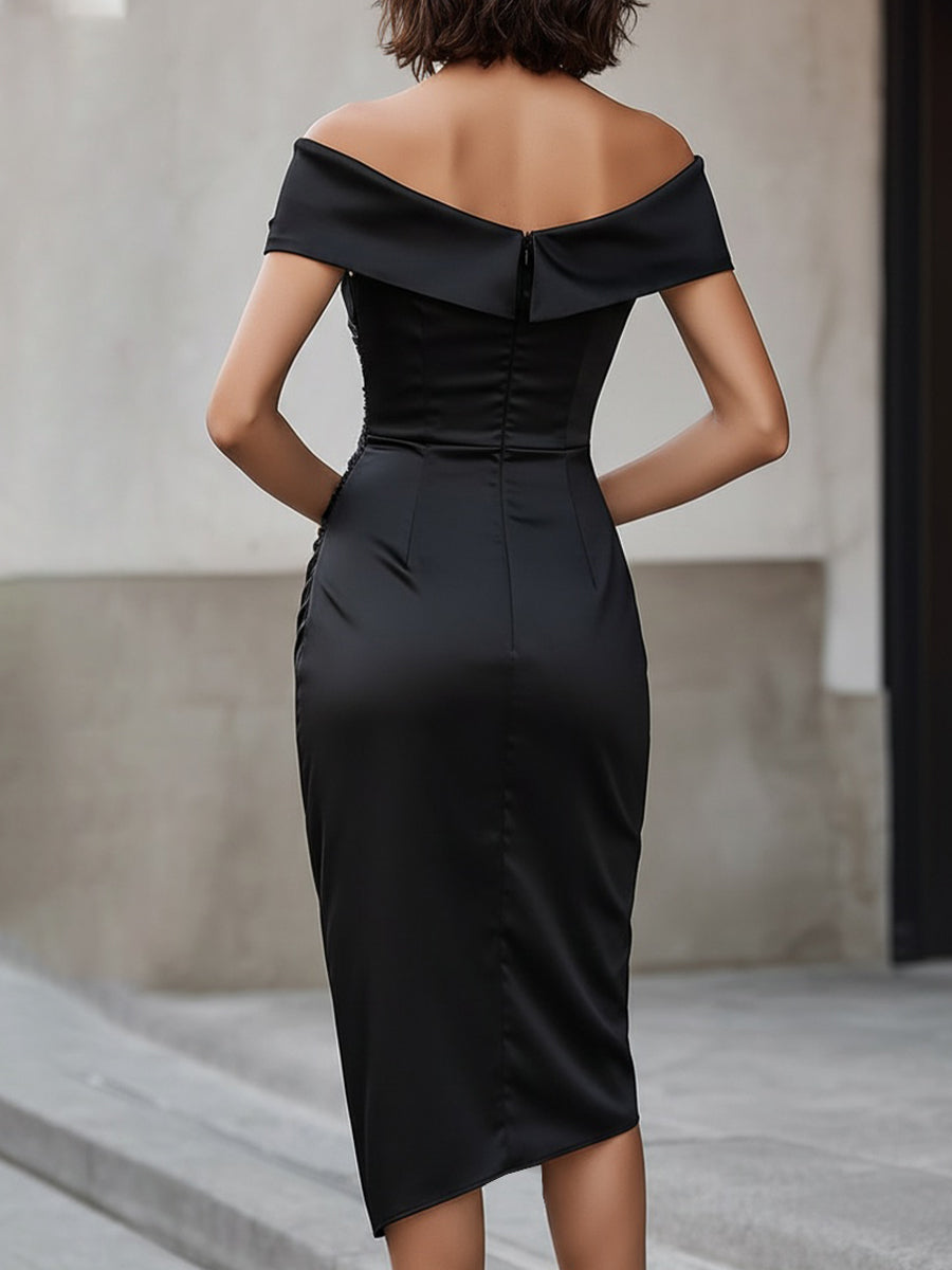 Off-the-Shoulder Ruched Satin Midi Dress