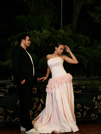Strapless 3D Flower Basque Waist Evening Gown