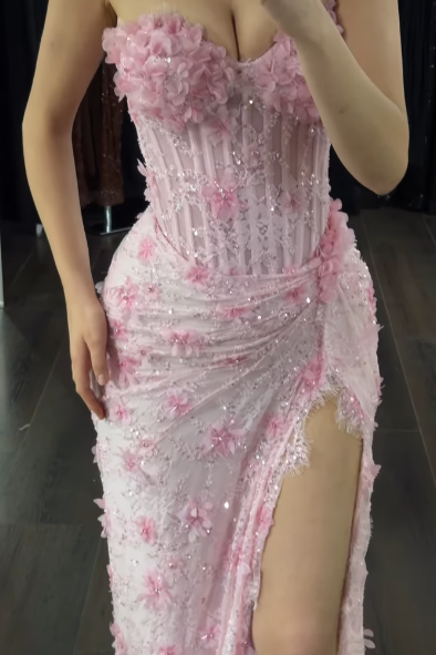 Floral Applique Corset High Slit Evening Gown