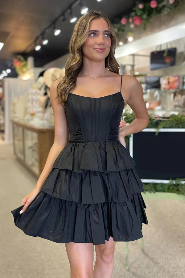 Spaghetti Strap Tiered Corset Mini Dress with Back Bow