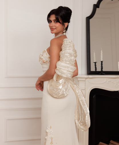 Strapless Floral Applique Gown with Statement Back