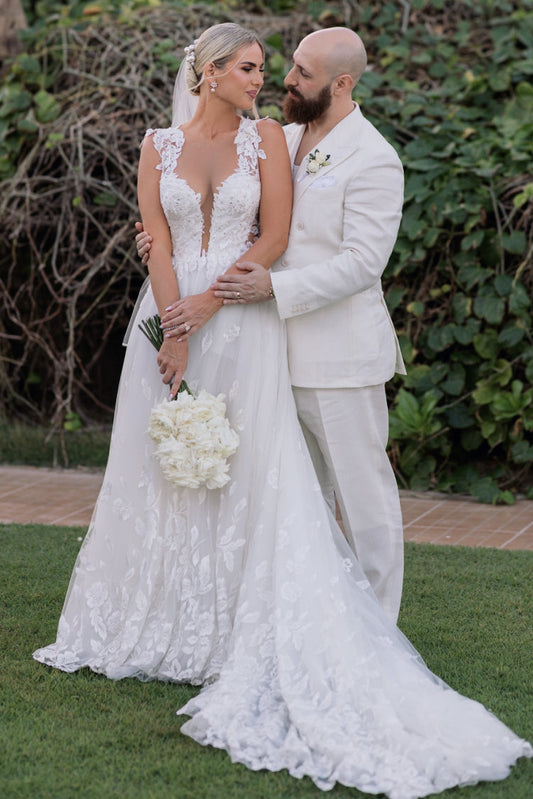 Plunging V-Neck A-Line Lace Wedding Dress