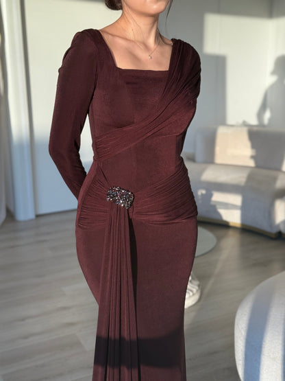 Ruched Long-Sleeve Maxi Dress with Crystal Brooch