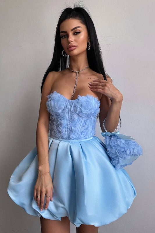 Strapless Rosette Corset Bubble Mini Dress