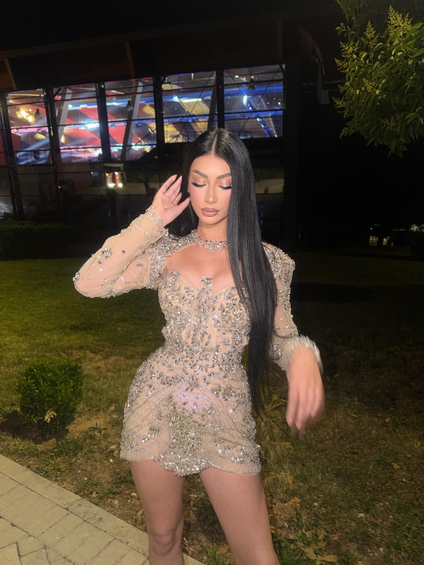 Rhinestone Embellished Cut-Out Mini Dress