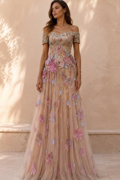 Off-the-Shoulder 3D Floral A-Line Gown