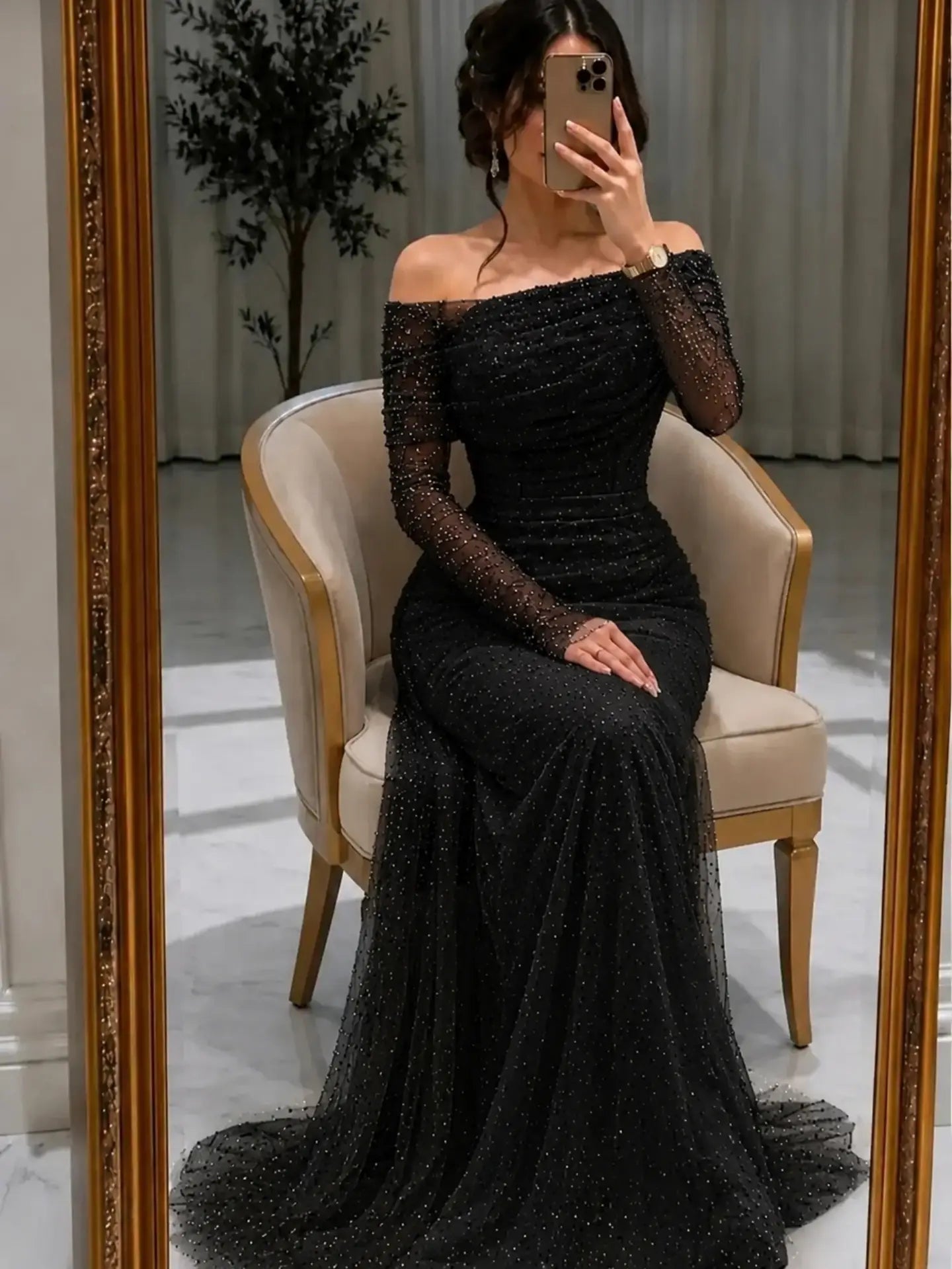 Off-the-Shoulder Glitter Ruched Evening Gown