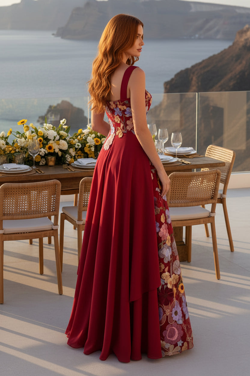 Floral Embroidered A-Line Evening Gown
