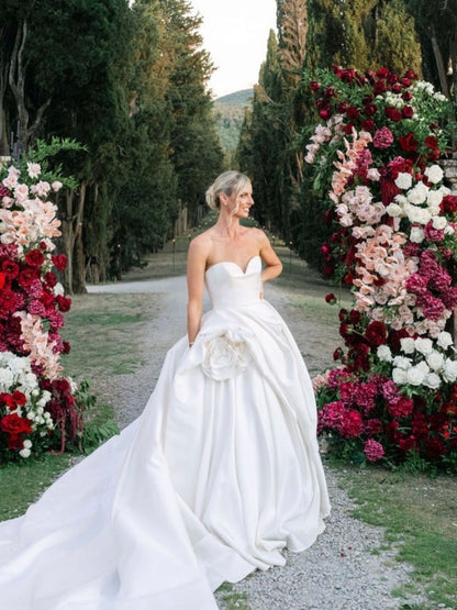 Strapless Satin Ball Gown Wedding Dress with Rosette