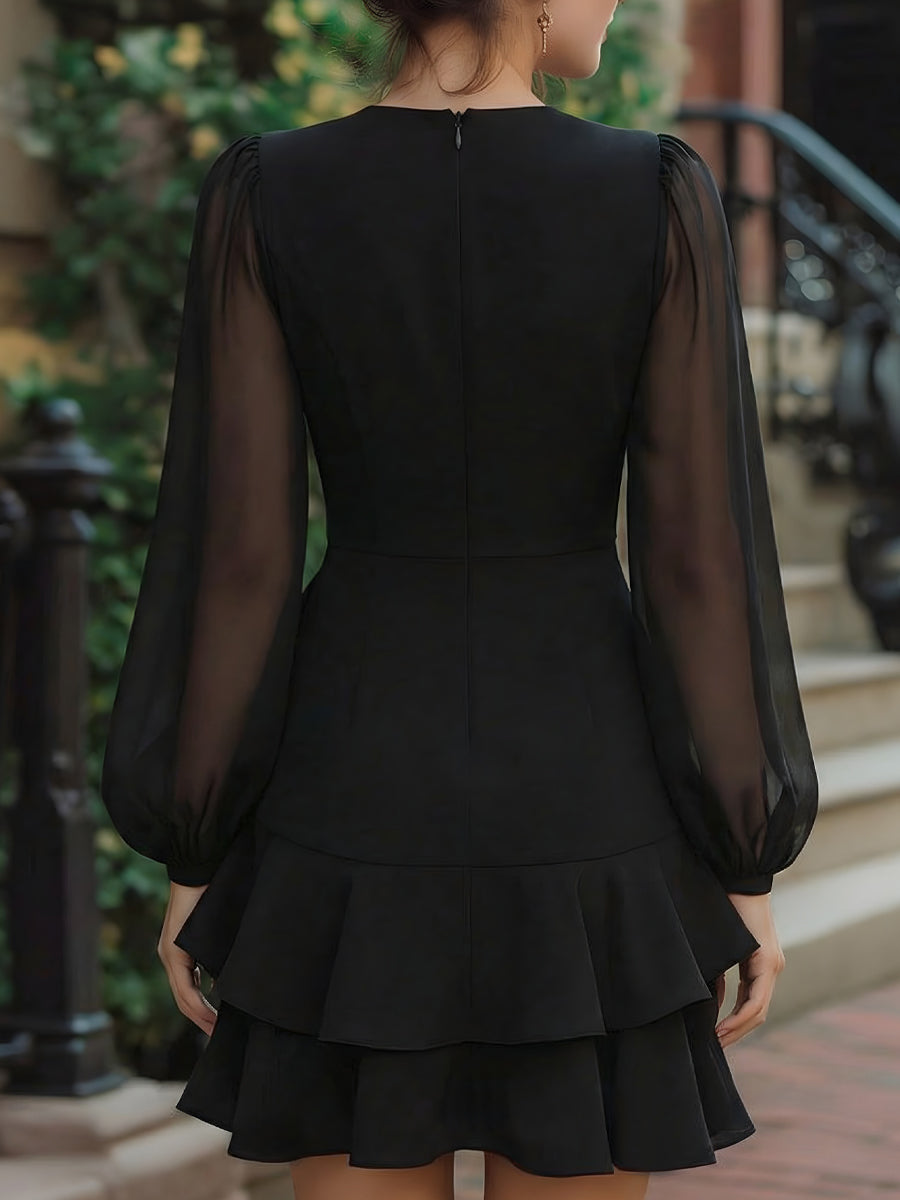 V-Neck Sheer Long Sleeve Asymmetrical Ruffle Mini Dress