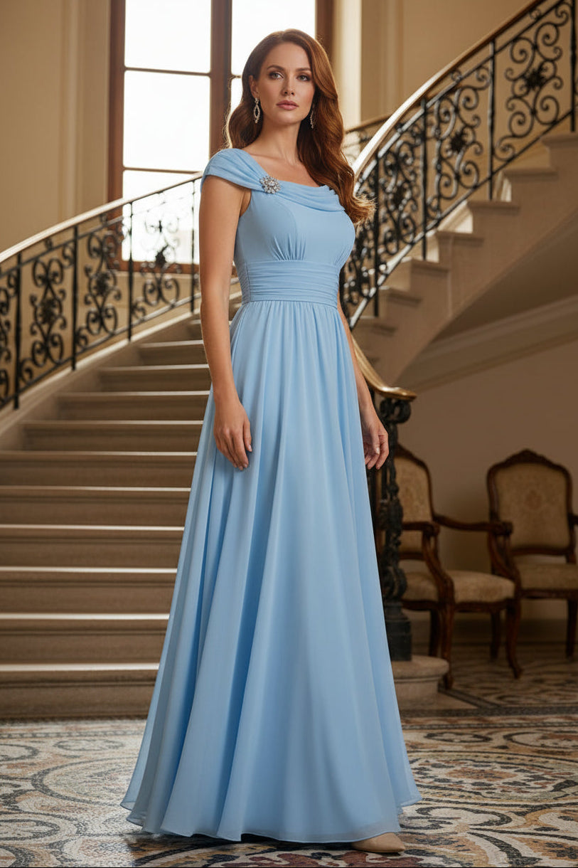Draped Neckline A-Line Chiffon Gown with Slit