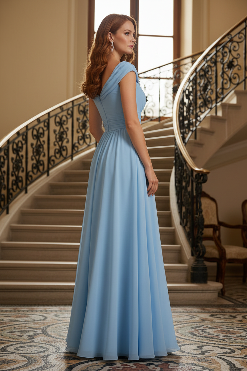 Draped Neckline A-Line Chiffon Gown with Slit