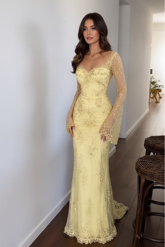 Embroidered Lace Gown with Flared Long Sleeves