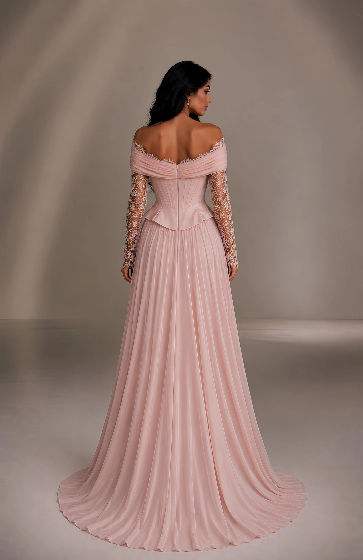 Off-Shoulder Lace Sleeve Corset A-Line Evening Gown