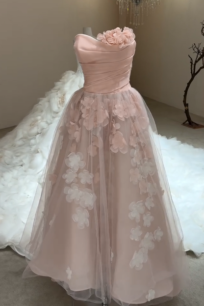 Asymmetric 3D Floral Applique Tulle Gown
