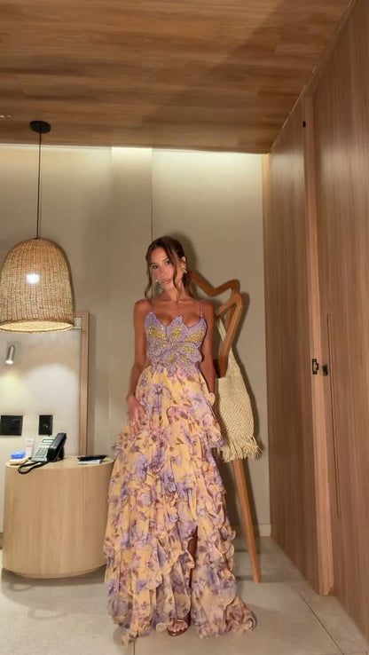 Tiered Ruffle Maxi Dress with Embellished Bodice