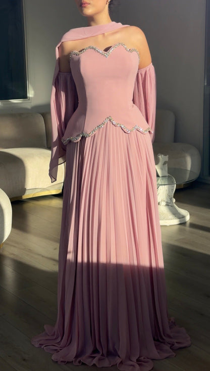 Pleated Maxi Evening Dress with Scalloped Crystal Trim