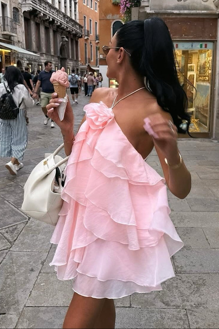 Halter Neck Tiered Ruffle Mini Dress