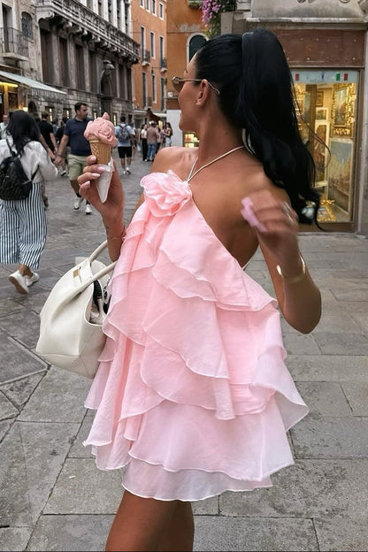 Halter Neck Tiered Ruffle Mini Dress