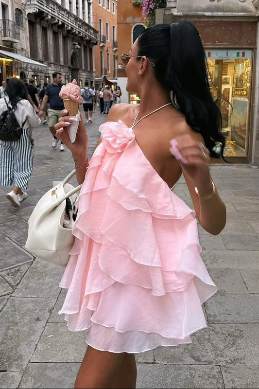 Halter Neck Tiered Ruffle Mini Dress