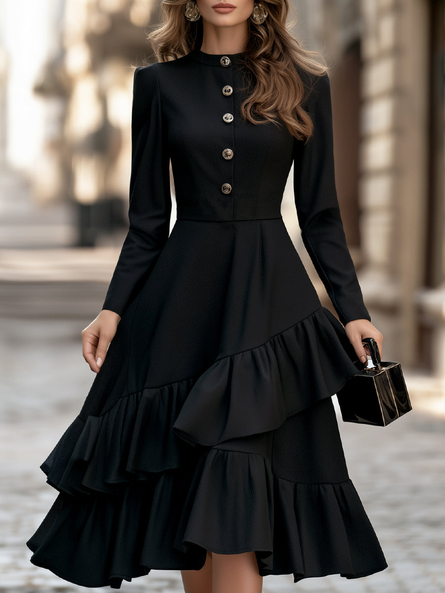Buttoned Asymmetrical Ruffle Midi Dress