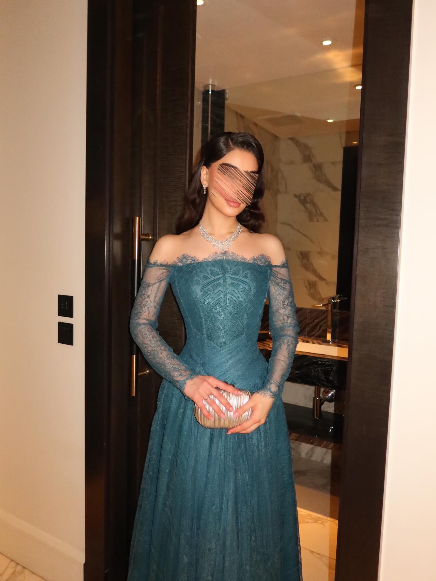 Off-Shoulder Lace Long Sleeve Evening Gown