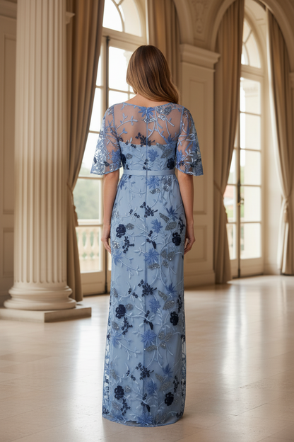 Floral Embroidered Illusion Gown with Flutter Sleeves