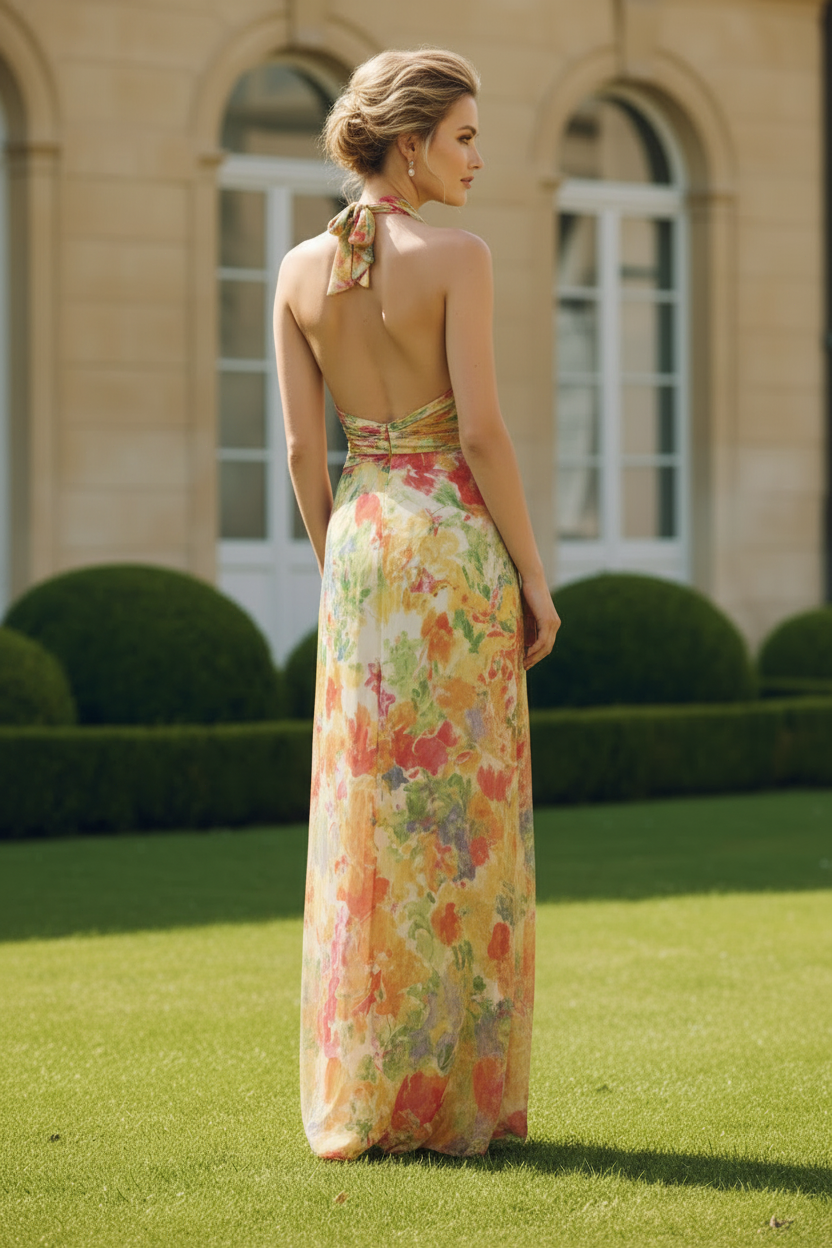 Floral Halter Backless Maxi Dress
