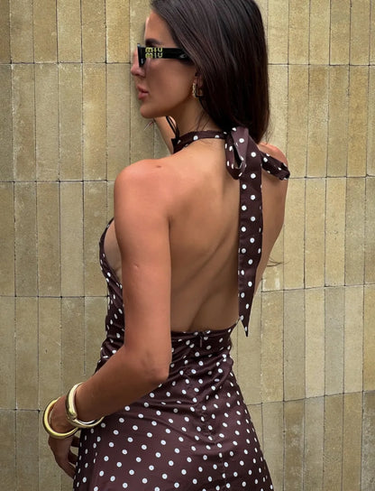Satin Polka Dot Halter Neck Mini Dress