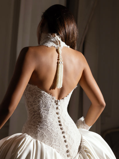High Neck Lace Bodice Ball Gown Wedding Dress