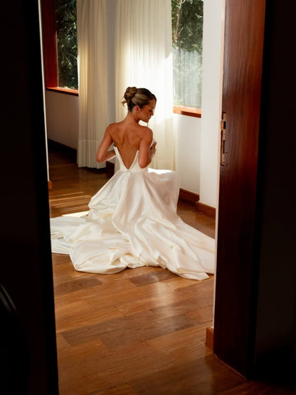 Strapless Ruched Bodice Satin A-Line Bridal Gown