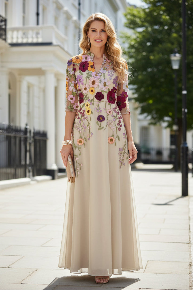 Floral Embroidered Sheer Mesh A-Line Maxi Dress