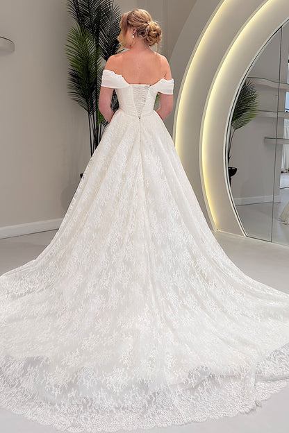Off-the-Shoulder Lace Corset Ball Gown Wedding Dress