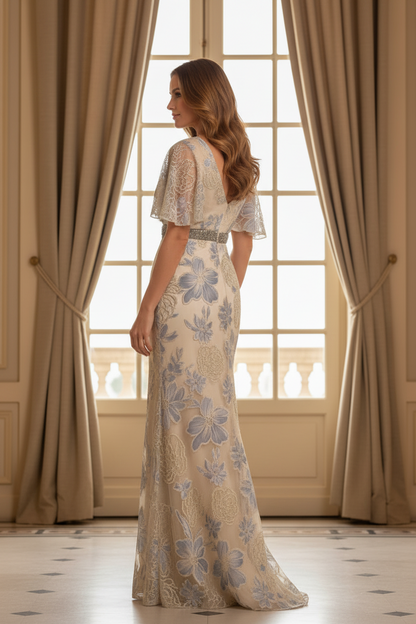 Floral Embroidered V-Neck Flutter Sleeve Gown