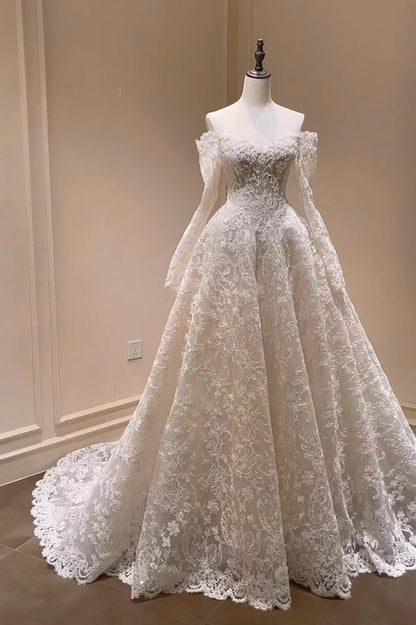 Off-the-Shoulder Lace Long Sleeve Ball Gown Wedding Dress